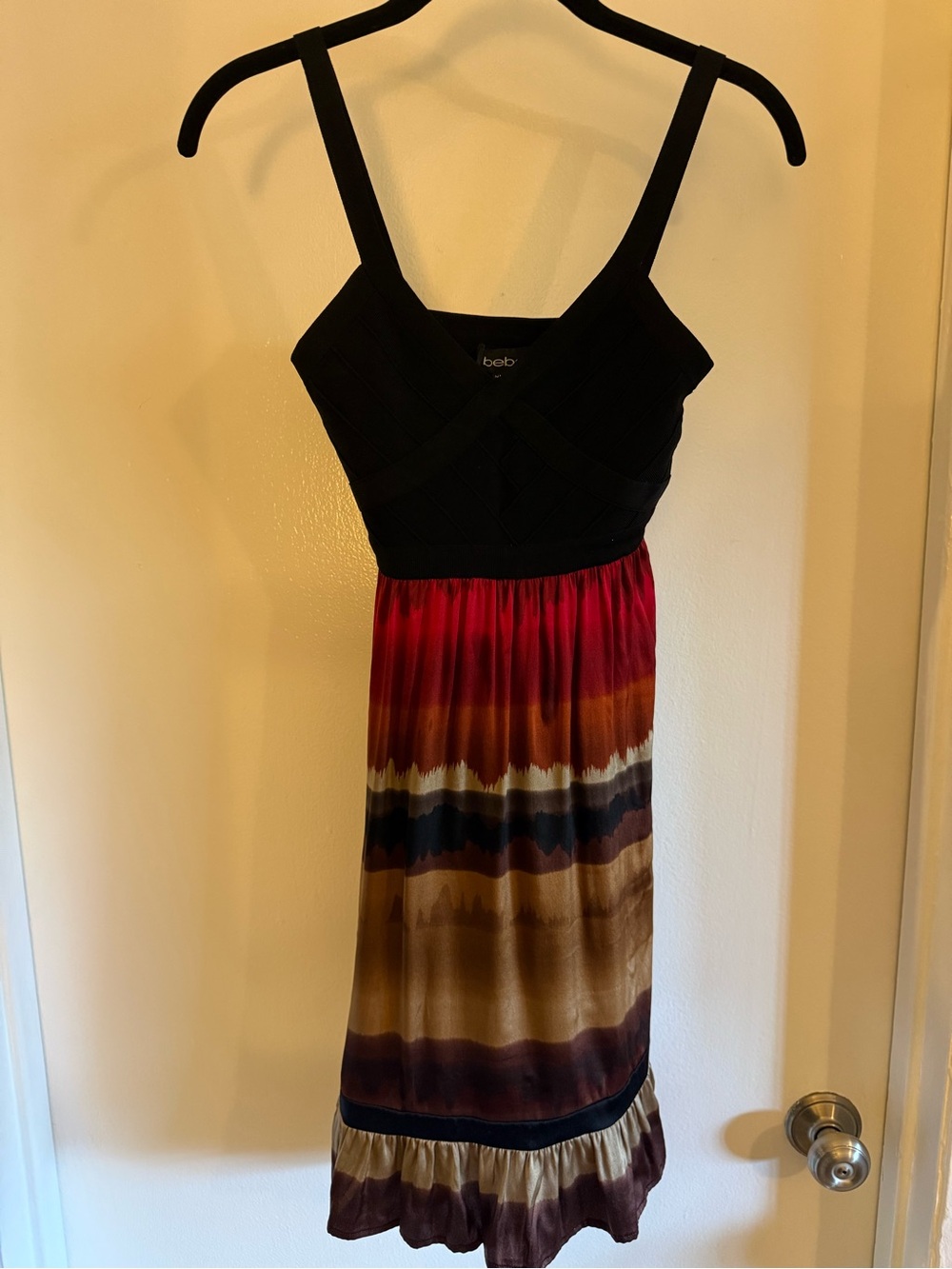 Bebe Small Black Bandage Bodice Striped Midi Dress Y2K Party Cocktail